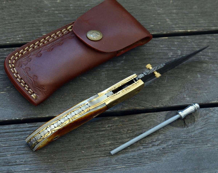 Marshal Pocket Knives – Marshal Damascus Folding Knife with Charred Bone Handle – shokuninusa