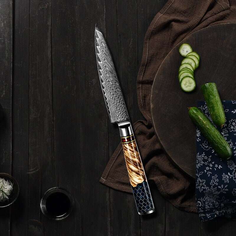 Unique Cooking Knives - Maverick VG10 Chef Knife Damascus Petty Knife with Exotic Olive Wood Handle - Shokunin USA