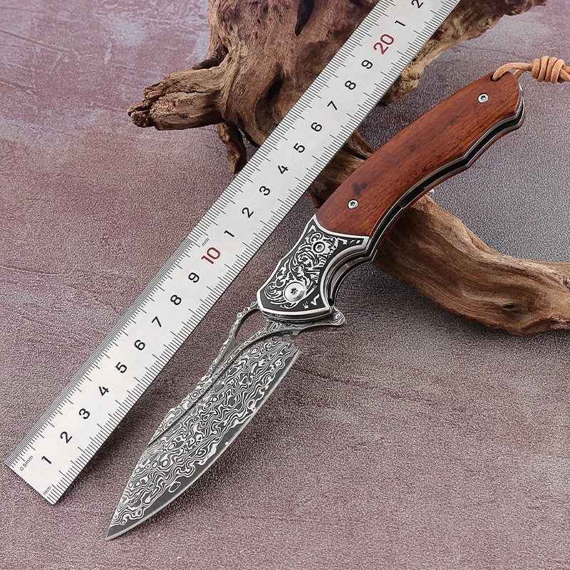 Meteor Engraved Damascus Steel Pocket Knife with Exotic Red Sandal Wood Handle - Shokunin USA