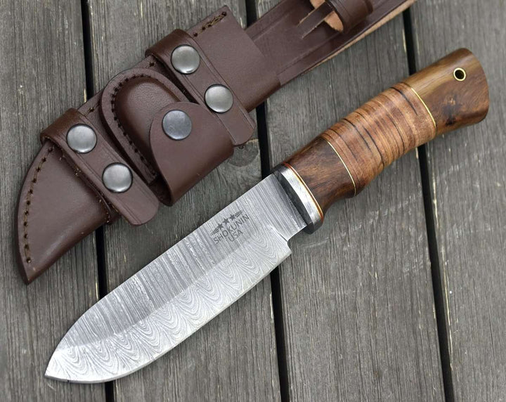 Leather Camp Knives - Miracle Damascus Hunting Knife with Stacked Leather Handle - Shokunin USA
