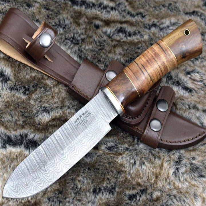 Damascus Knife Hunting – Miracle Damascus Drop Point Hunting Knife with Stacked Leather Handle – shokuninusa