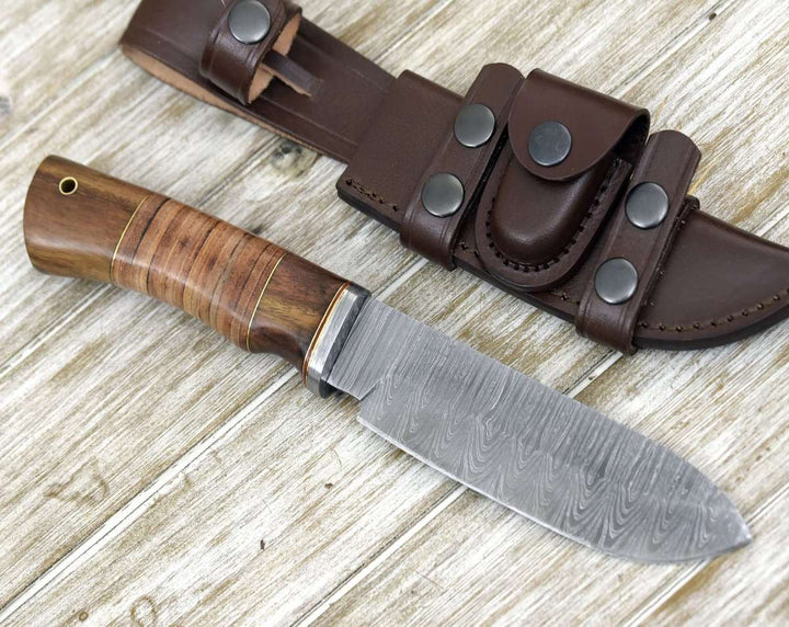 Leather Camp Knife – Miracle Damascus Drop Point Hunting Knife with Stacked Leather Handle – shokuninusa