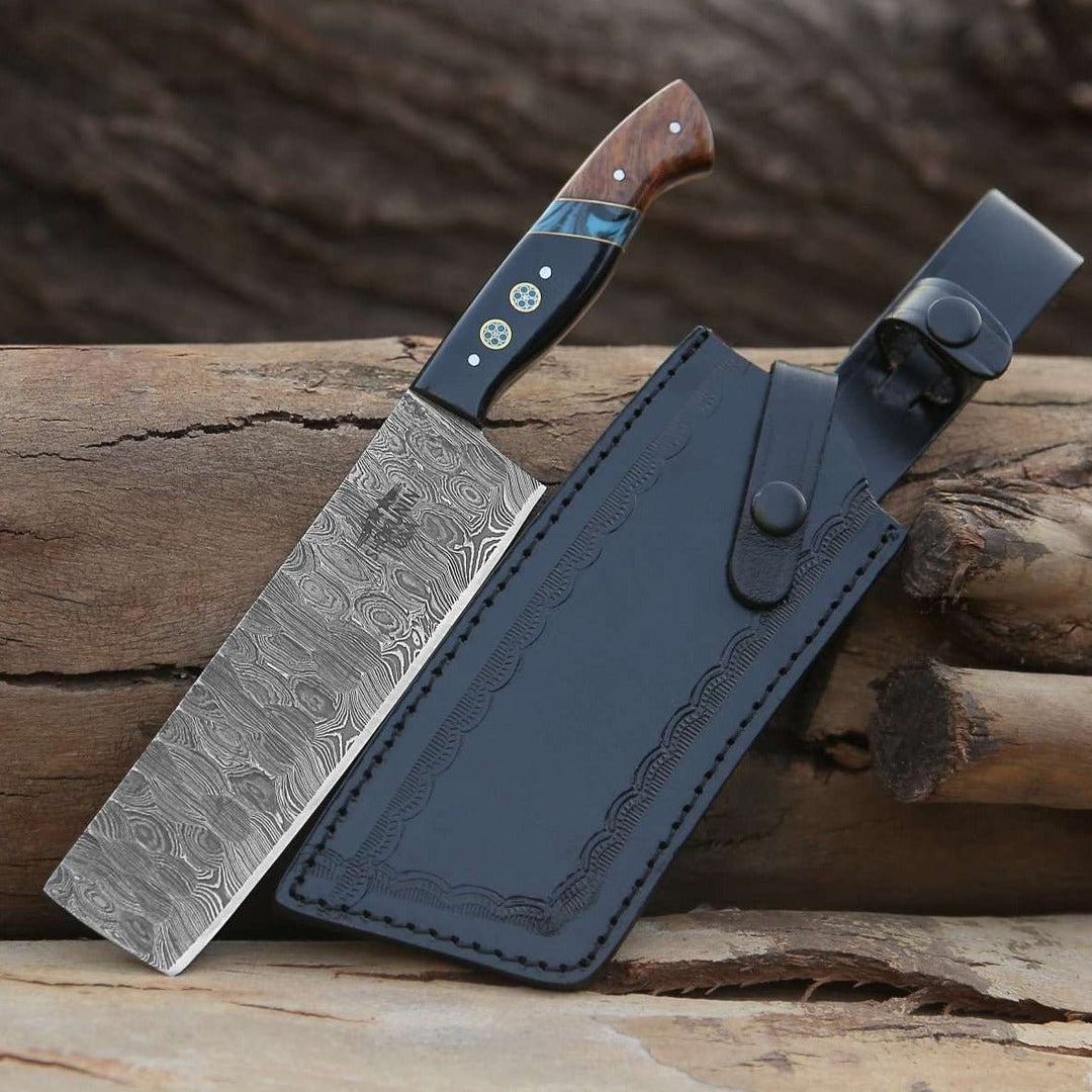 Damascus Nakiri Knife – Mist Handmade Damascus Nakiri Knife with Rosewood & Resin Handle – shokuninusa