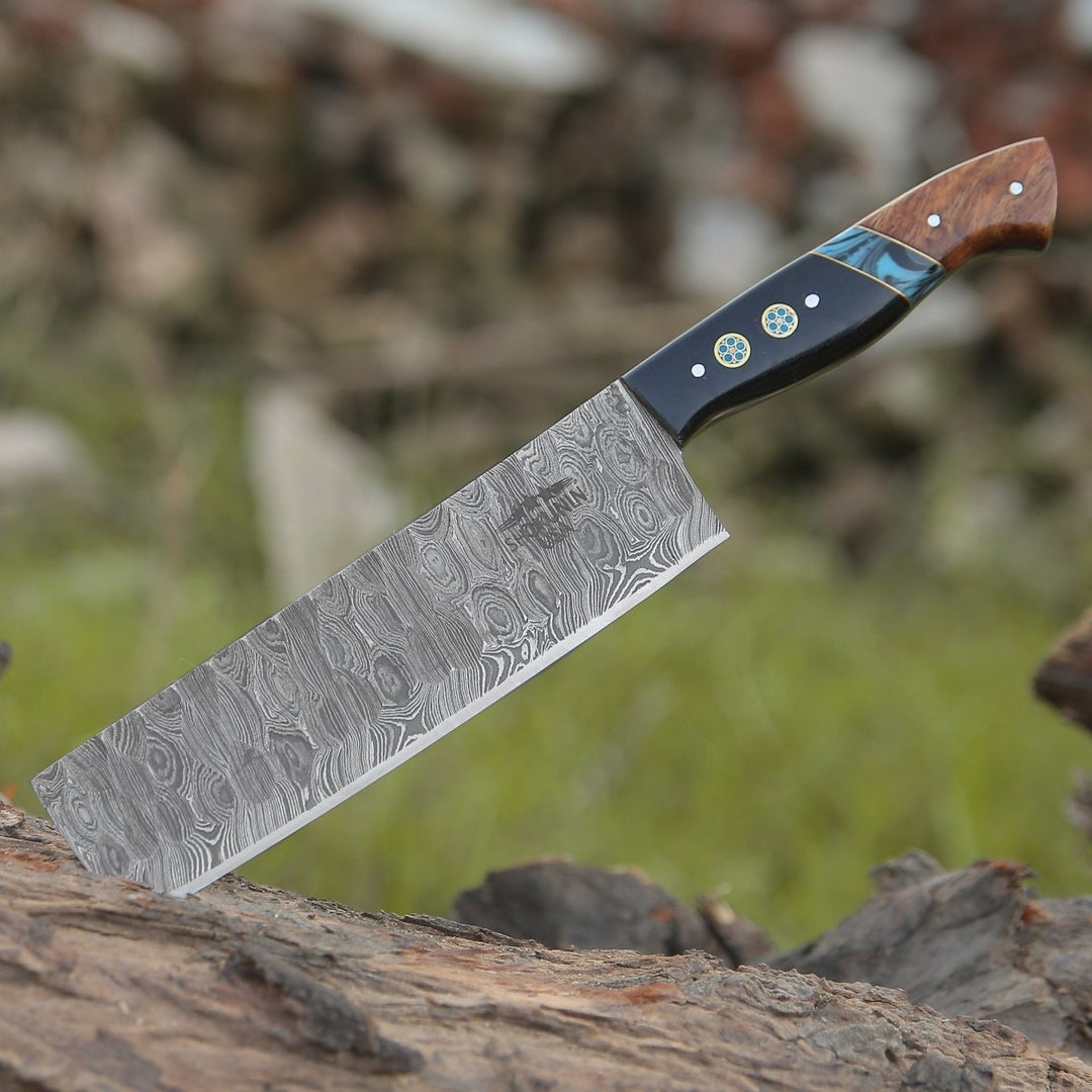 Modern Vegetable Knives – Mist Handmade Damascus Nakiri Knife with Rosewood &amp; Resin Handle – shokuninusa