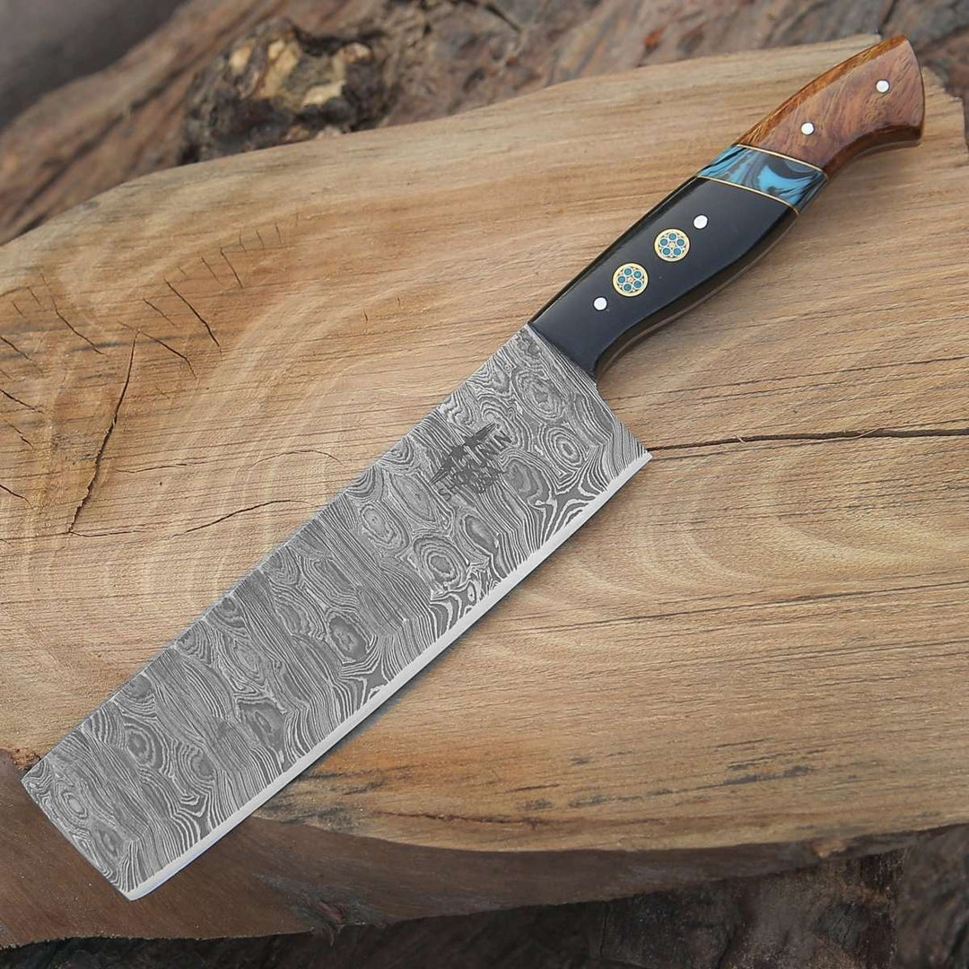 Damascus Nakiri – Mist Handmade Damascus Nakiri Knife with Rosewood &amp; Resin Handle – shokuninusa