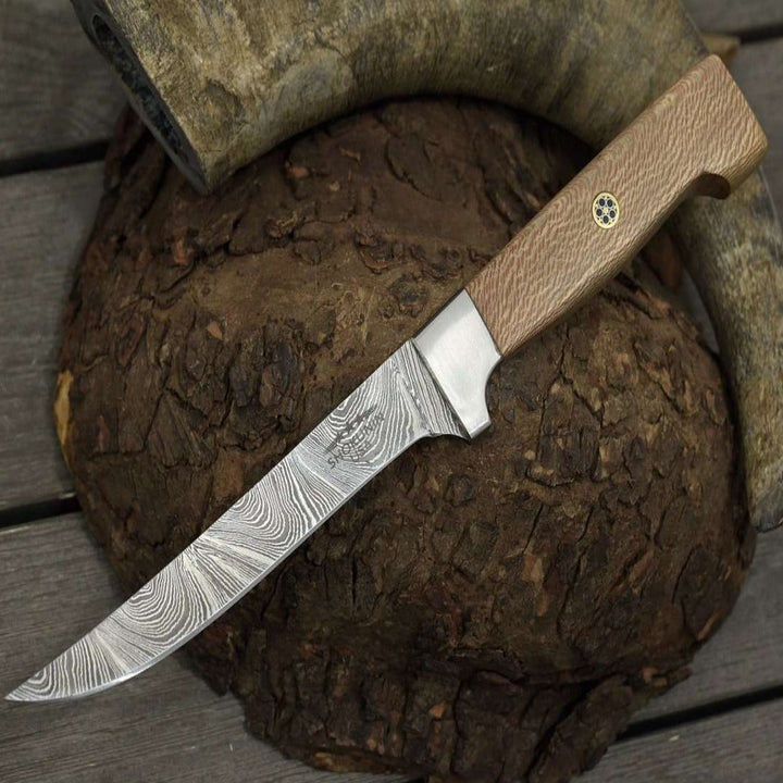 Damascus Steel Jewelry – Monarch Damascus Fillet Knife with Leopard Wood Handle – shokuninusa