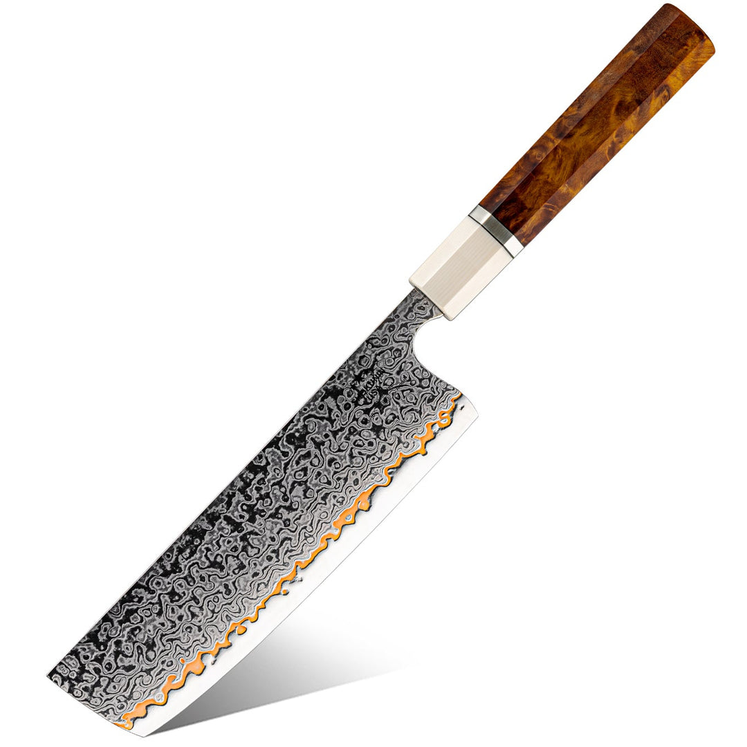 Raiden Handmade Copper Damascus Nakiri Knife with Exotic Rosewood Burl Composite Handle