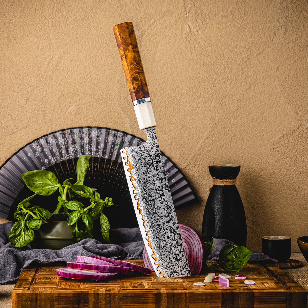 Raiden Handmade Copper Damascus Nakiri Knife with Exotic Rosewood Burl Composite Handle