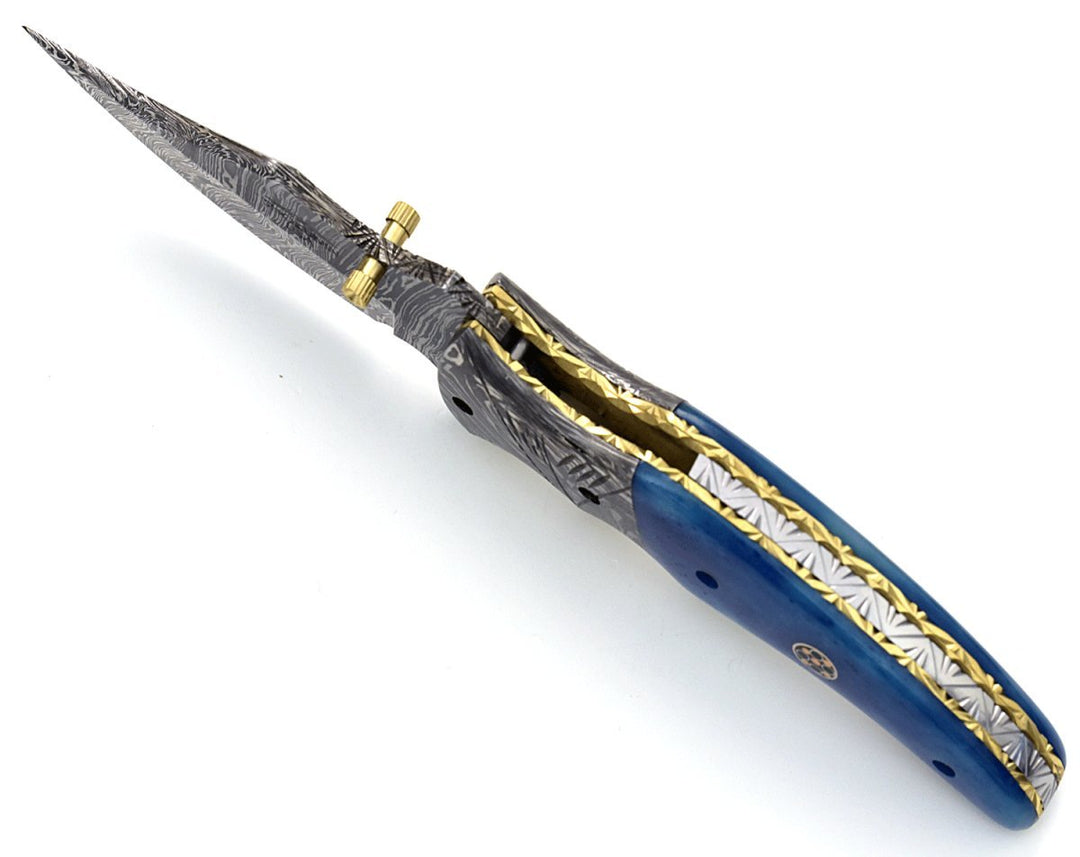 Nebula Damascus Knife - Nebula Damascus Pocket Knife with Bone Handle - Shokunin USA