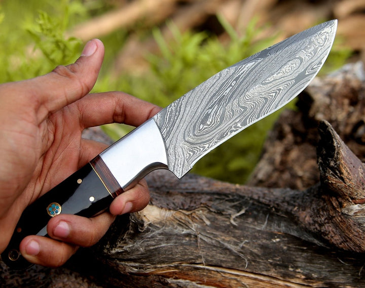 Nimbus Hunting Knife - Nimbus Damascus Hutning Knife with Horn &amp; Rose Wood Handle - Shokunin USA
