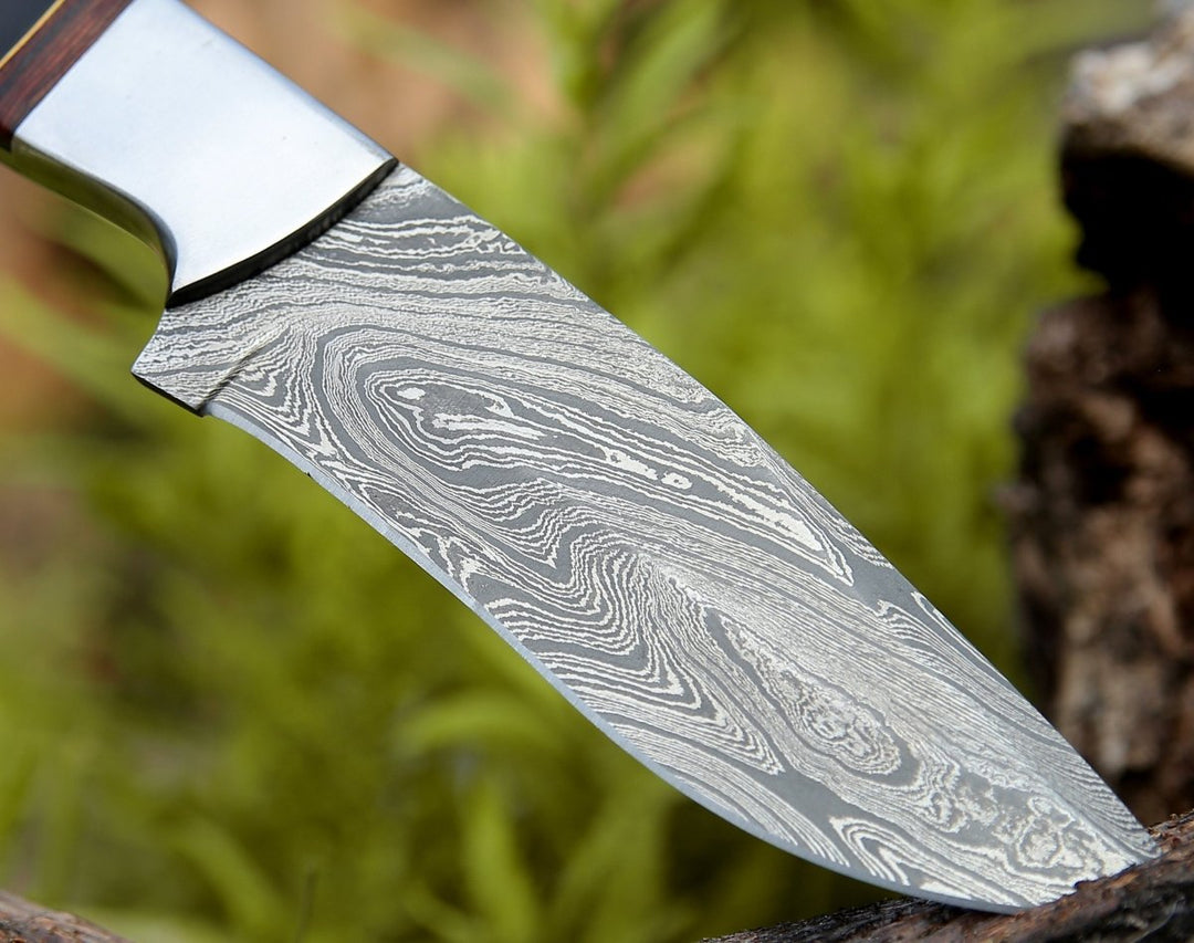 Nimbus Camp Knife - Nimbus Damascus Hutning Knife with Horn &amp; Rose Wood Handle - Shokunin USA
