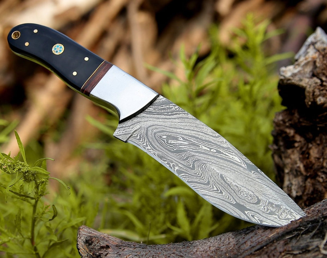 Custom Camp Knife - Nimbus Damascus Hutning Knife with Horn &amp; Rose Wood Handle - Shokunin USA