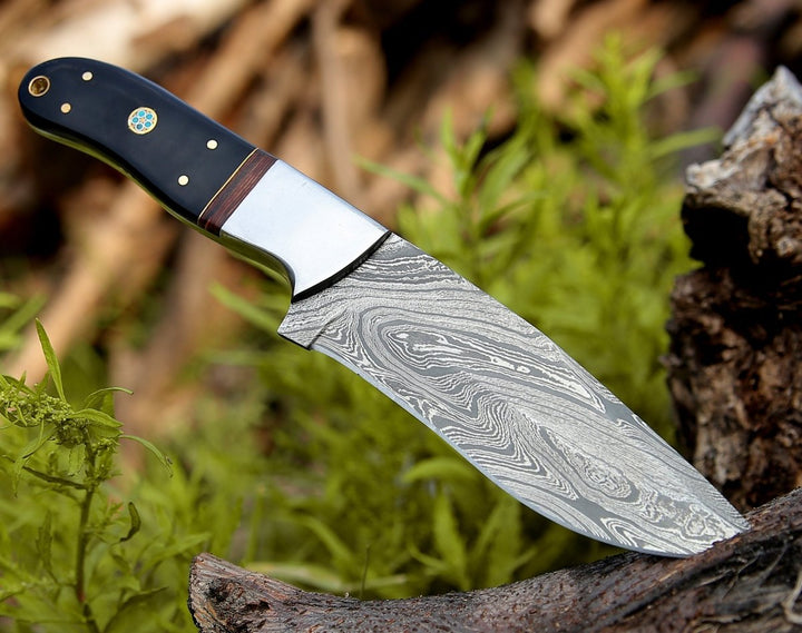 Custom Camp Knife - Nimbus Damascus Hutning Knife with Horn &amp; Rose Wood Handle - Shokunin USA