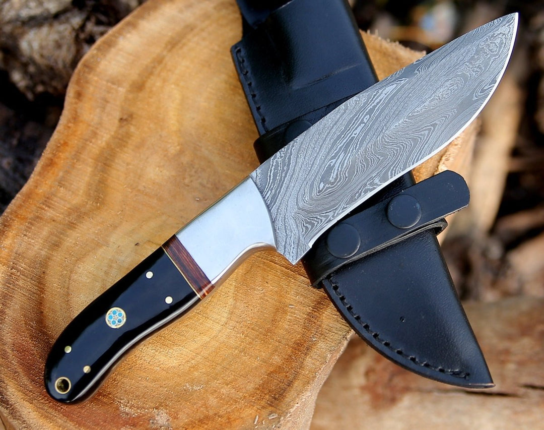 Custom Camp Knives - Nimbus Damascus Hutning Knife with Horn &amp; Rose Wood Handle - Shokunin USA