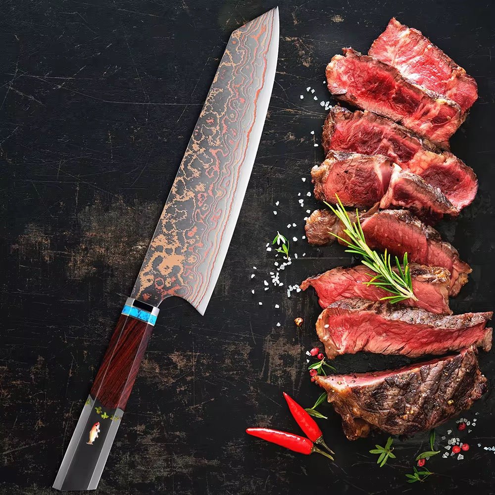 Copper Santoku Knives – Noble Copper &amp; Cobalt Alloy Damascus Chef Knife with Exotic Bloodwood &amp; Resin Handle – shokuninusa