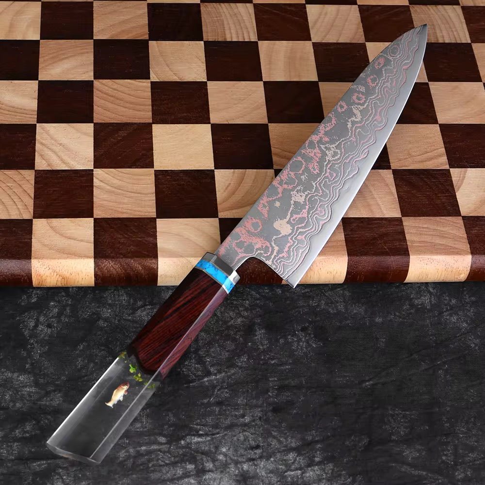 Engraved Nakiri Knives – Noble Copper &amp; Cobalt Alloy Damascus Chef Knife with Exotic Bloodwood &amp; Resin Handle – shokuninusa