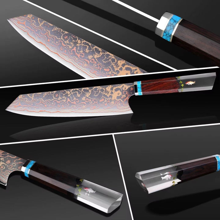 Noble Copper Knife – Noble Copper &amp; Cobalt Alloy Damascus Chef Knife with Exotic Bloodwood &amp; Resin Handle – shokuninusa