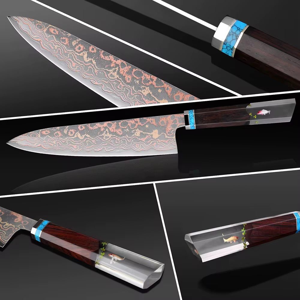 Noble Copper Knives – Noble Copper &amp; Cobalt Alloy Damascus Chef Knife with Exotic Bloodwood &amp; Resin Handle – shokuninusa