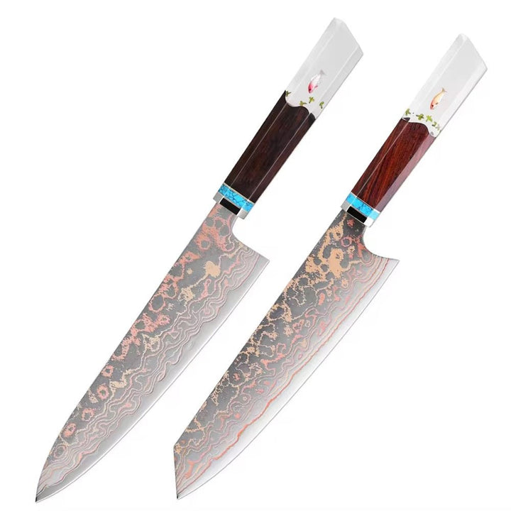 Copper Santoku Knife – Noble Copper &amp; Cobalt Alloy Damascus Chef Knife with Exotic Bloodwood &amp; Resin Handle – shokuninusa