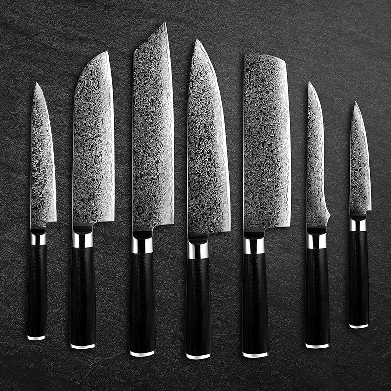 Black Noir Knife – Noir Knife Set 7 Piece VG10 Stainless Damascus Steel with Black G10 Handle – shokuninusa