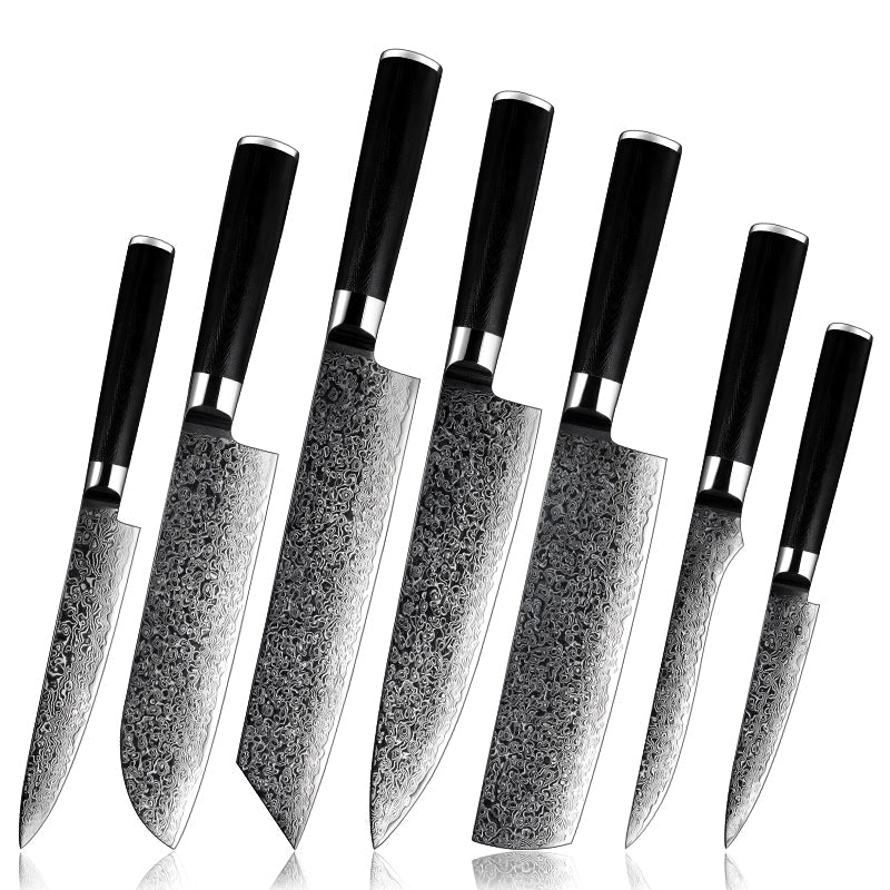 Noir Knife Set 7 Piece VG10 Stainless Damascus Steel with Black G10 Handle - Shokunin USA