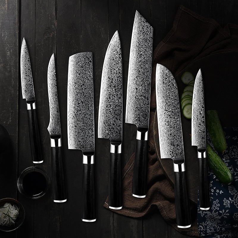 Noir Knives – Noir Knife Set 7 Piece VG10 Stainless Damascus Steel with Black G10 Handle – shokuninusa
