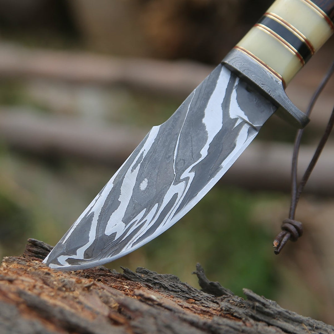 Nova Camp Knives - Nova Damascus Hunting Knife with Bone &amp; Exotic Wenge Wood Handle - Shokunin USA