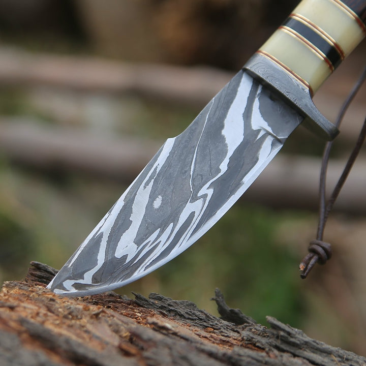 Nova Camp Knives - Nova Damascus Hunting Knife with Bone &amp; Exotic Wenge Wood Handle - Shokunin USA