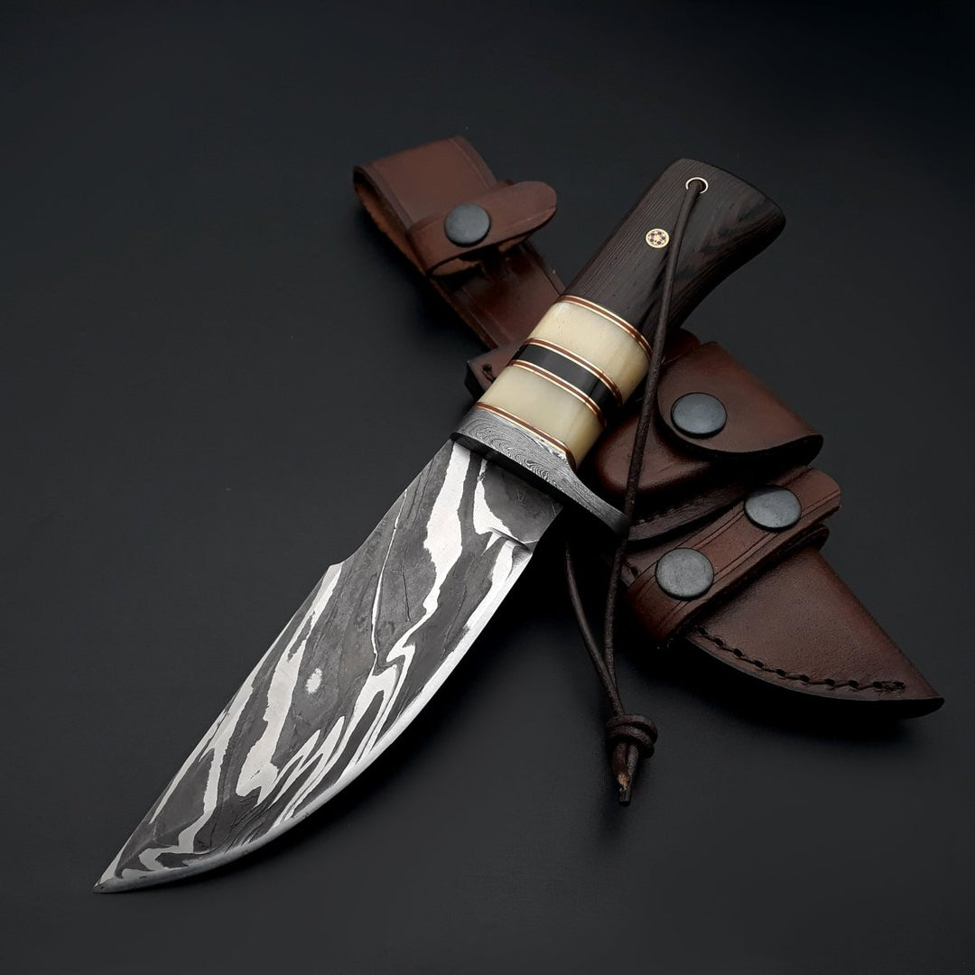 Nova Hunting Knife - Nova Damascus Hunting Knife with Bone &amp; Exotic Wenge Wood Handle - Shokunin USA