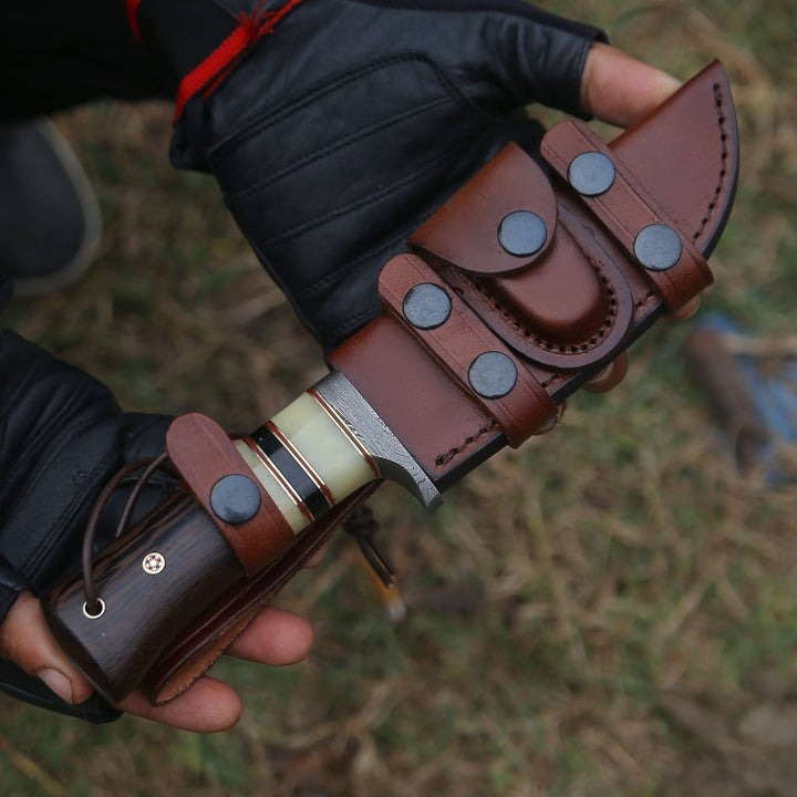 Nova Damascus Knife - Nova Damascus Hunting Knife with Bone &amp; Exotic Wenge Wood Handle - Shokunin USA