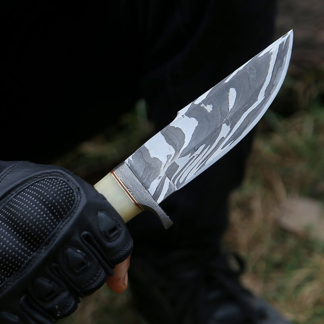 Nova Knives - Nova Damascus Hunting Knife with Bone &amp; Exotic Wenge Wood Handle - Shokunin USA