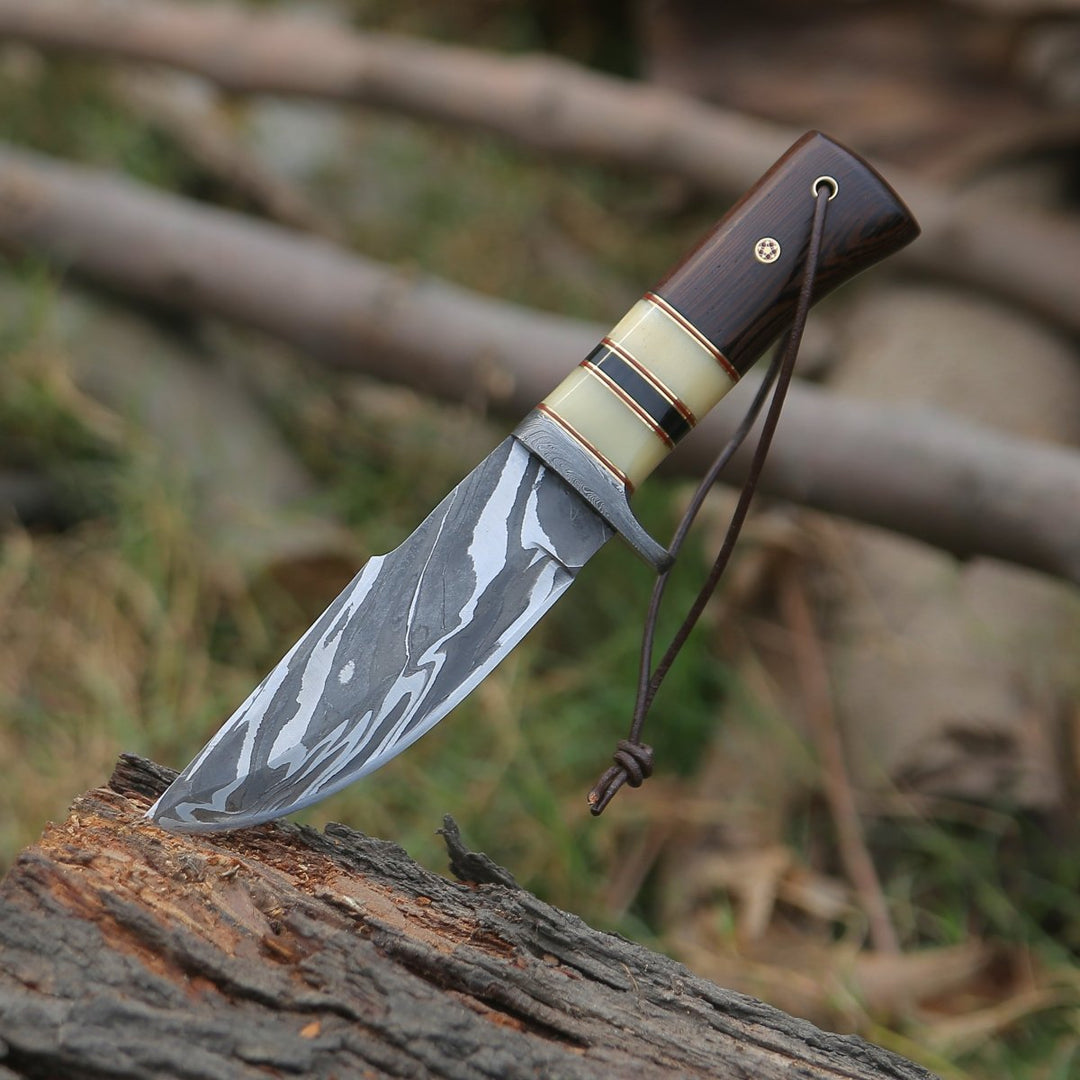 Nova Camp Knife - Nova Damascus Hunting Knife with Bone &amp; Exotic Wenge Wood Handle - Shokunin USA