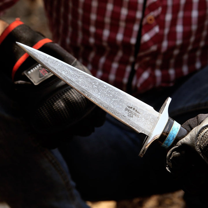 Oasis Damascus Hunting Fixed Blade Knife with Turquoise and Bull Horn Handle - Shokunin USA