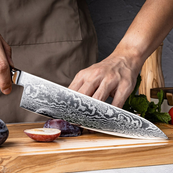 Obsidian Chefs Knife – Obsidian Japanese Damascus Chef Knife with Carbon Fiber Handle – shokuninusa