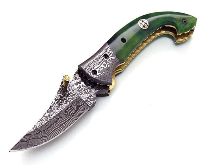 Omni Pocket Knife – Omni Handmade Damascus Pocket Knife with Bone handle &amp; Sheath – shokuninusa