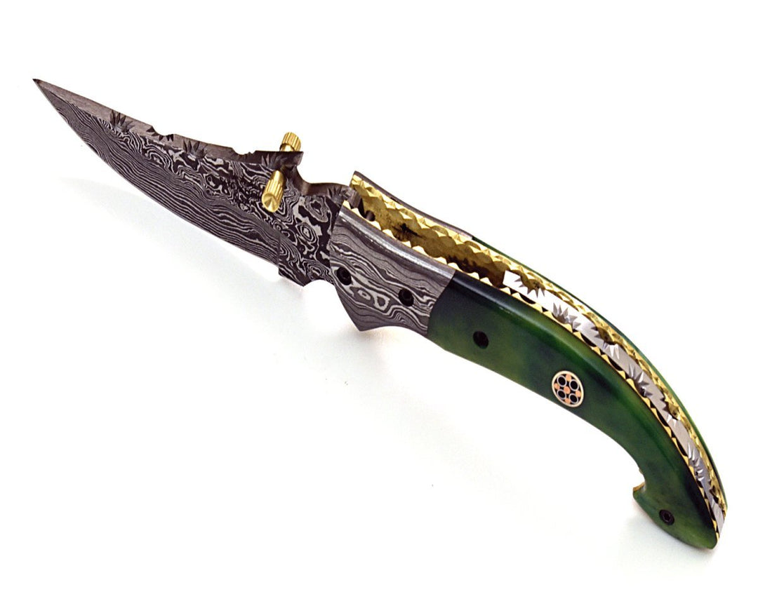 Omni Folding Knife – Omni Handmade Damascus Pocket Knife with Bone handle &amp; Sheath – shokuninusa