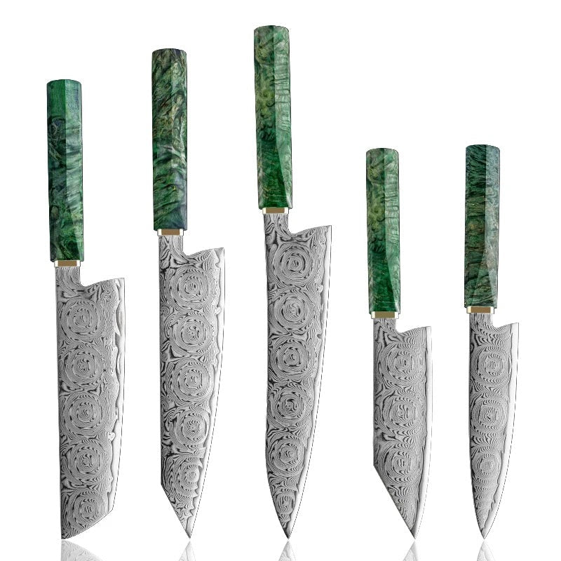Onyx Japanese Knife Set for Kitchen 5 Pc with VG-10 Mosaic Damascus Steel 67 Layers and Exotic Stained Maple Burl Wood Handle - Shokunin USA