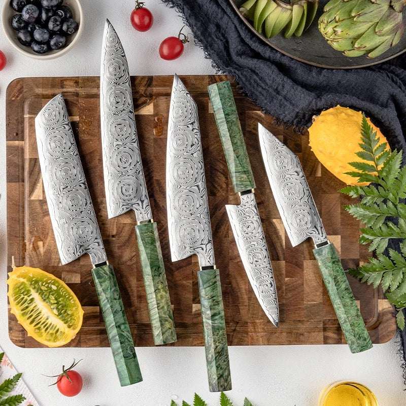 VG-10 Knife Sets – Onyx Japanese Knife Set for Kitchen 5 Pc with VG-10 Mosaic Damascus Steel 67 Layers and Exotic Stained Maple Burl Wood Handle – shokuninusa