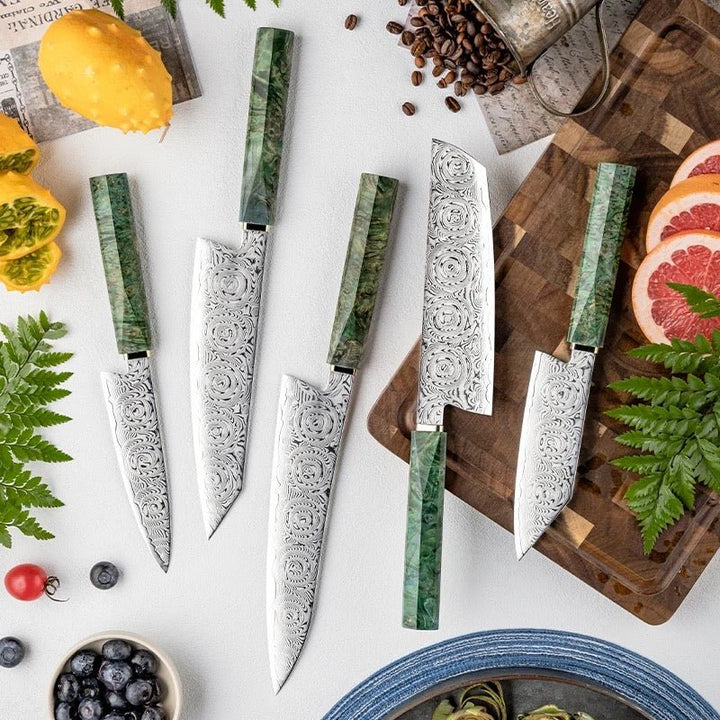 VG-10 Knife Set – Onyx Japanese Knife Set for Kitchen 5 Pc with VG-10 Mosaic Damascus Steel 67 Layers and Exotic Stained Maple Burl Wood Handle – shokuninusa