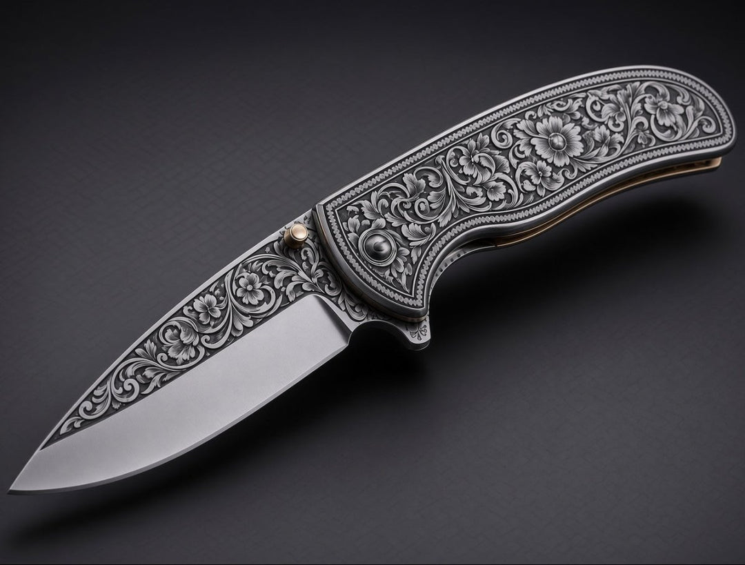 Outlaw Handmade Pocket Knife with Engraved Steel Handle - Shokunin USA