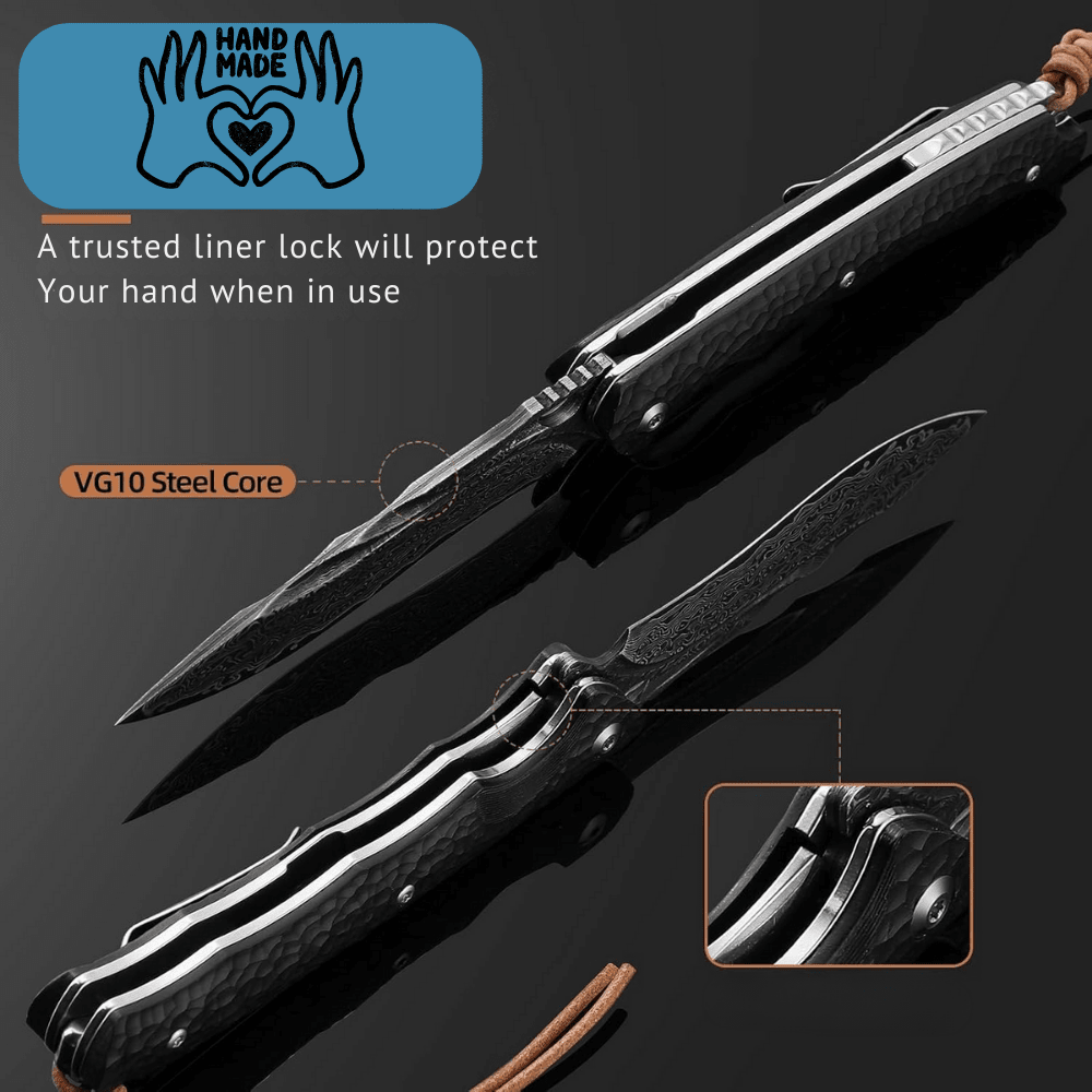 Panther Pocket Knives – Panther Handmade Stainless Damascus Pocket Knife with Clip and Exotic Ebony Wood Handle – shokuninusa