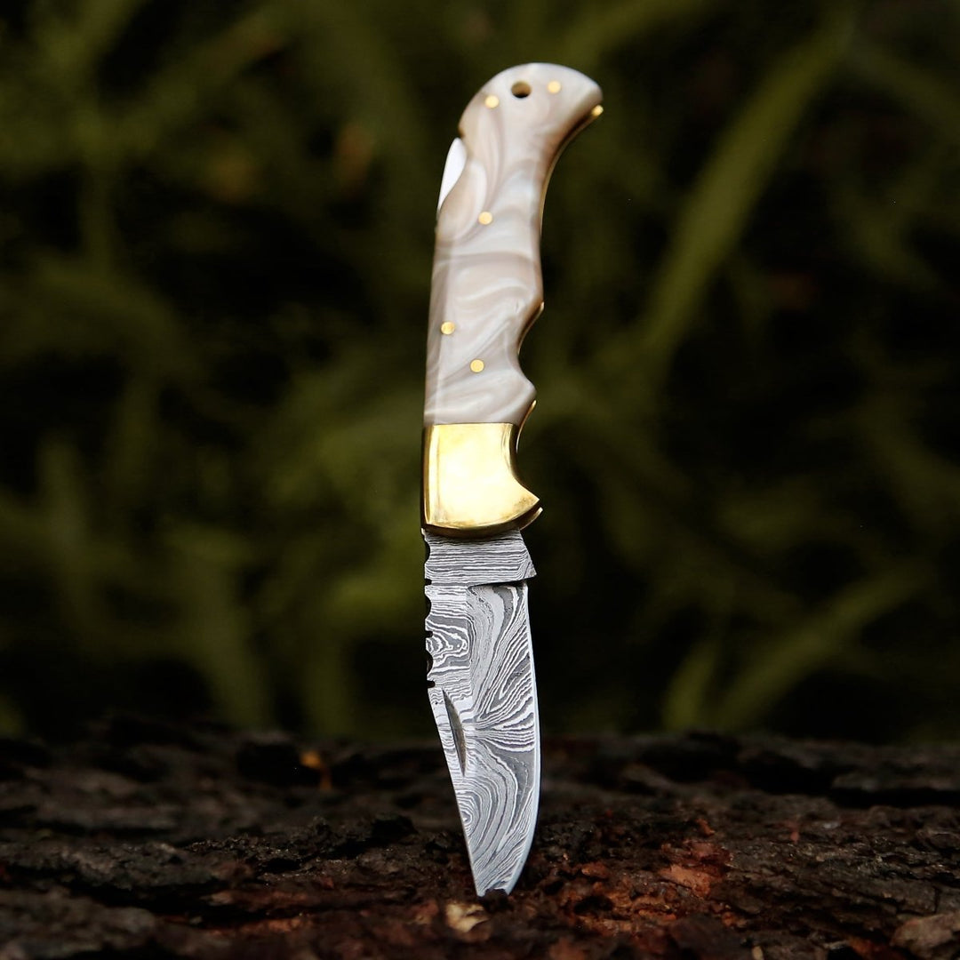 Pinnacle Damascus Pocket Knife with Mother of Pearl Handle - Shokunin USA