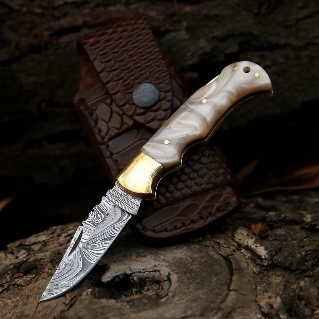 Pocket Knife - Pinnacle Damascus Pocket Knife with Mother of Pearl Handle - Shokunin USA