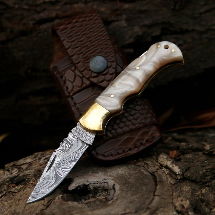 Pocket Knife - Pinnacle Damascus Pocket Knife with Mother of Pearl Handle - Shokunin USA