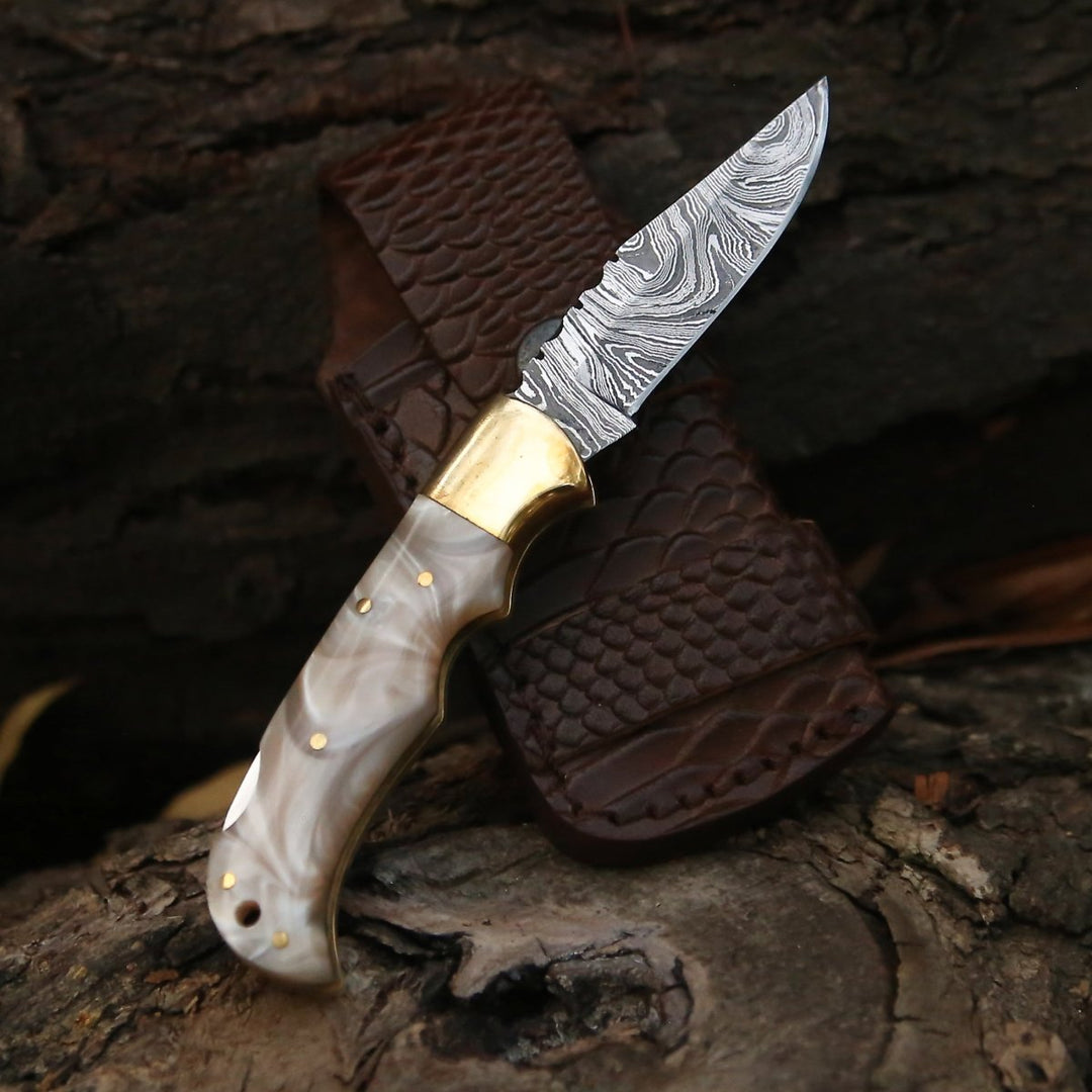 Pearl Pocket Knife - Pinnacle Damascus Pocket Knife with Mother of Pearl Handle - Shokunin USA