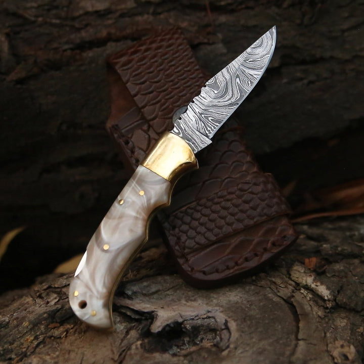 Pearl Pocket Knife - Pinnacle Damascus Pocket Knife with Mother of Pearl Handle - Shokunin USA