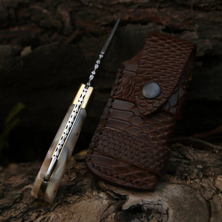 Pearl Knife - Pinnacle Damascus Pocket Knife with Mother of Pearl Handle - Shokunin USA