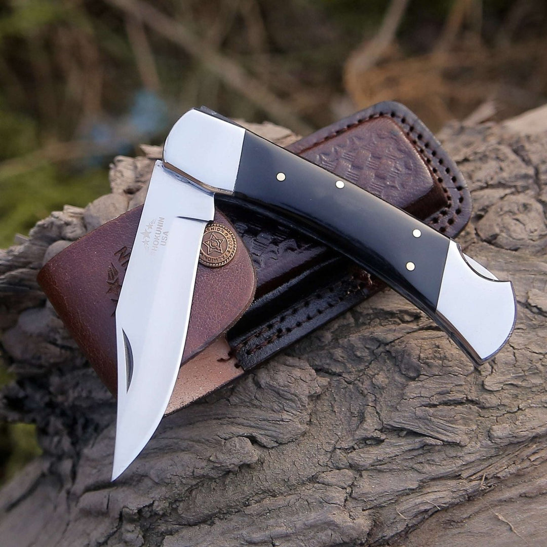 Pocket Knife with Exotic Bull Horn Handle & Sheath Personalized - Shokunin USA