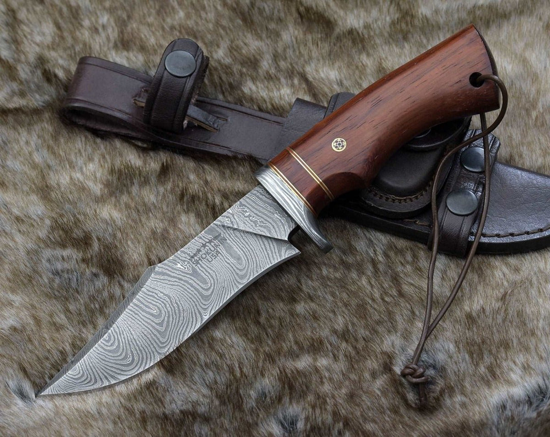 Polaris Bowie Knives - Polaris Damascus Hunting Knife with Exotic Red Heart Wood Handle - Shokunin USA