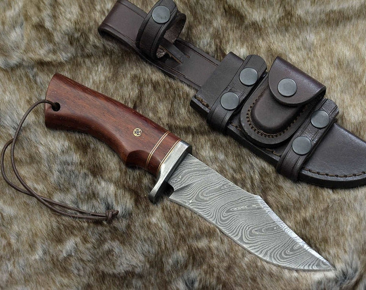 Polaris Hunting Knife - Polaris Damascus Hunting Knife with Exotic Red Heart Wood Handle - Shokunin USA
